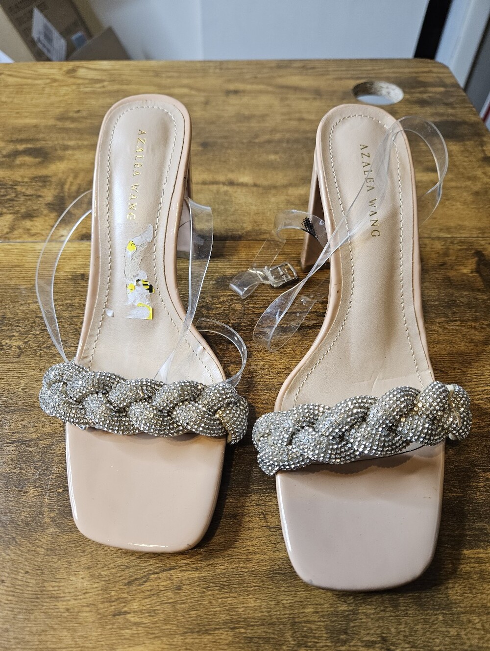 Azalea Wang Women's 7 Rhinestone Accented Nude Sandals Clear Straps New DEFECTS